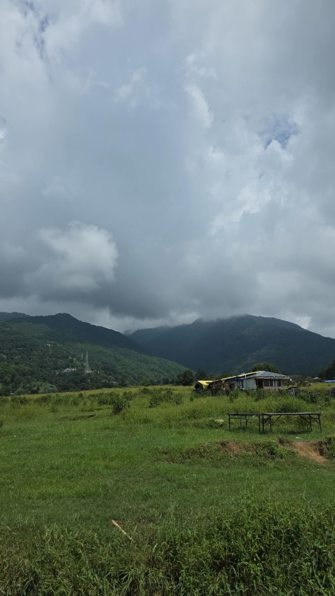 Green fields and cloud-covered hills in Bir Billing